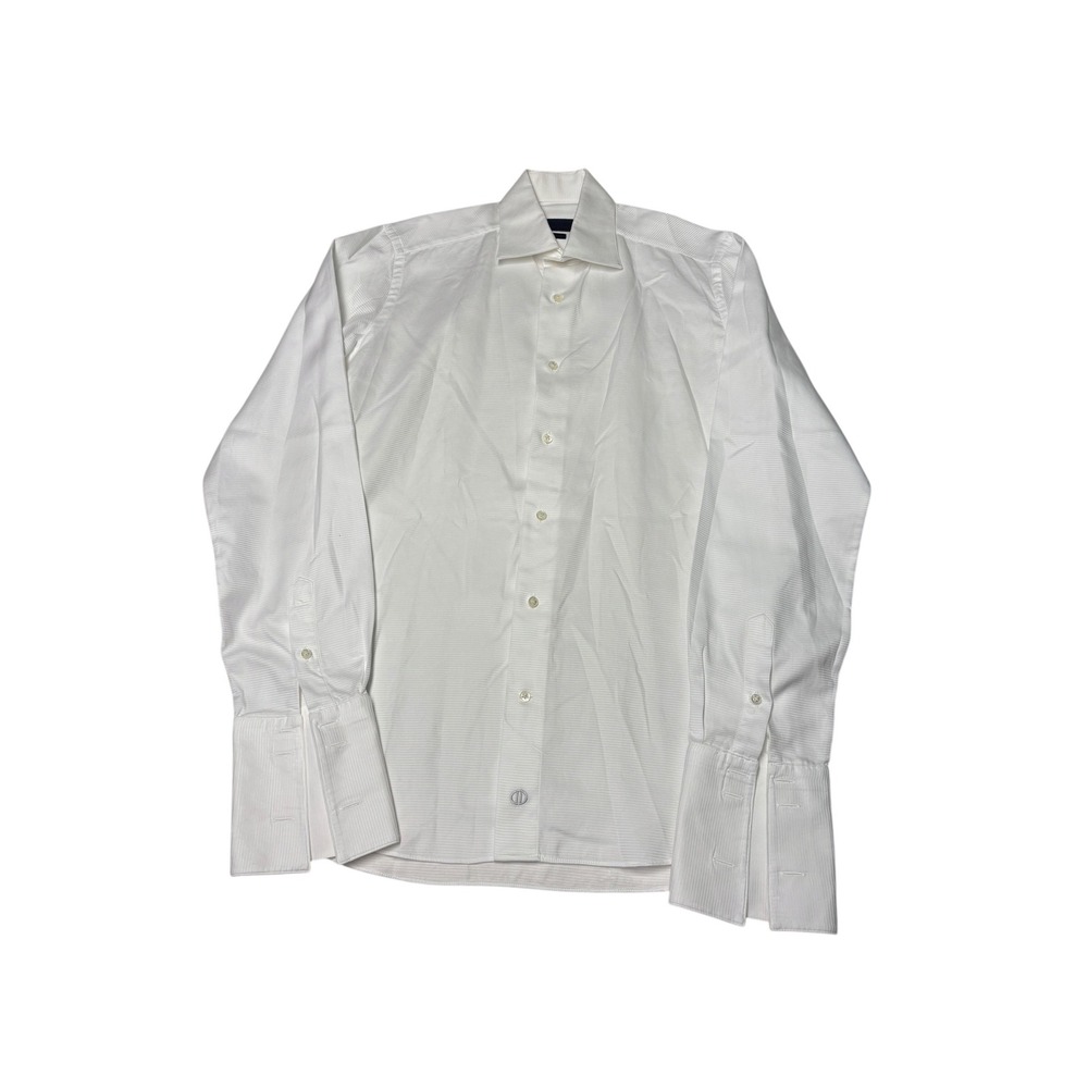 David Donahue White Ribbed Trim Fit French Cuff Dress Shirt 15 34/35 Mens